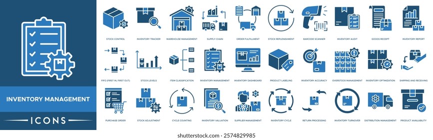 Inventory Management icon. Stock Control, Inventory Tracker, Warehouse Management, Supply Chain and Order Fulfillment