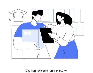 Gerenciamento de inventário ilustrações isoladas de vetor de desenhos animados. Mulher mostrando informações do estudante no tablet, educação na indústria da moda, processamento de pedidos, compras control vetor cartoon.