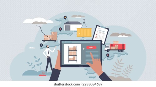 Inventory management with modern warehouse software tiny person concept. Digital app for stock analysis, supply and demand control vector illustration. Shipping optimization with effective delivery.