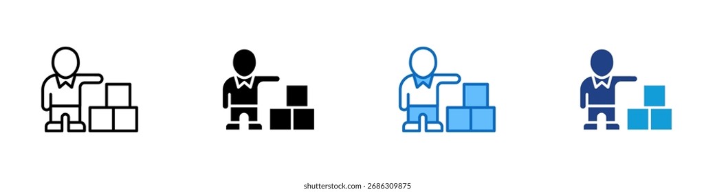 Vector de diseño de íconos de varios estilos: persona con cajas apiladas, que representa el control de existencias, la cadena de suministro y la logística