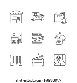 Inventory management pixel perfect linear icons set. Storage place, spoilage and purchase returns. Customizable thin line contour symbols. Isolated vector outline illustrations. Editable stroke