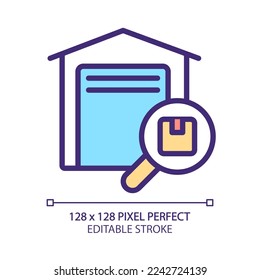 Inventory management pixel perfect RGB color icon. Goods storage. Stock control. Warehouse. Delivery service. Isolated vector illustration. Simple filled line drawing. Editable stroke. Arial font used