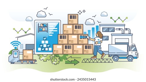 Gestión de inventarios en la cadena de suministro para un concepto de esquema logístico efectivo. Distribución de almacén y control de stock con soluciones de almacenamiento inteligente ilustración vectorial. Automatización del trabajo con IOT.