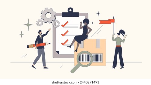 Inventory management systems for order handling efficiency neubrutalism tiny person concept. Package distribution and shipping organization with delivery information checklist vector illustration.