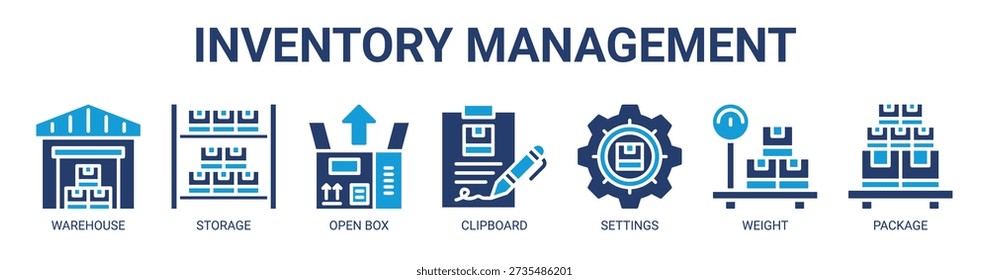 Inventory Management web banner icon vector illustration concept with icon of warehouse, storage, open box, clipboard, settings, weight, and package.