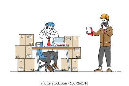 Inventory Manager Characters Work in Warehouse with Stacks of Boxes and Pc Checking List of Goods for Distribution. Logistic, Freight Accounting and Management. Linear People Vector Illustration