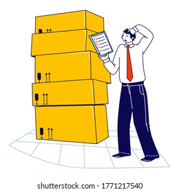 Inventory Manager Male Character Working in Warehouse with Stacks of Carton Boxes Checking List of Goods for Distribution. Logistic, Freight Accounting and Management. Linear Vector Illustration