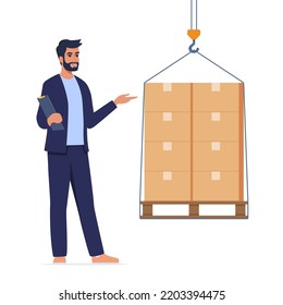 Inventory Manager Man Character directs the movement of Goods Lying in Carton Boxes in Warehouse. Storehouse Distribution Concept. Post Office, Store, Stock Production Assortment. Vector Illustration