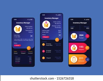 Inventory manager smartphone interface vector template set. Mobile app page blue and black design layout. Orders and delivery screen. Flat UI for application. Supply Chain Management. Phone display