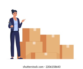 Gerente de Inventario - Artículos de contabilidad de personajes de mujeres en cajas de cartón en almacén. Concepto de distribución de almacenamiento. Posoficina, almacén o surtido de producción. Ilustración vectorial