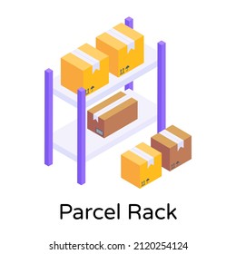Inventory on racks, isometric style of parcel rack icon

