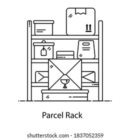 Inventory on racks, line style of parcel racks icon