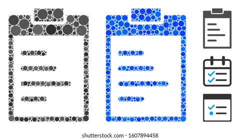 Inventory pad mosaic of filled circles in variable sizes and color tinges, based on inventory pad icon. Vector filled circles are composed into blue composition.
