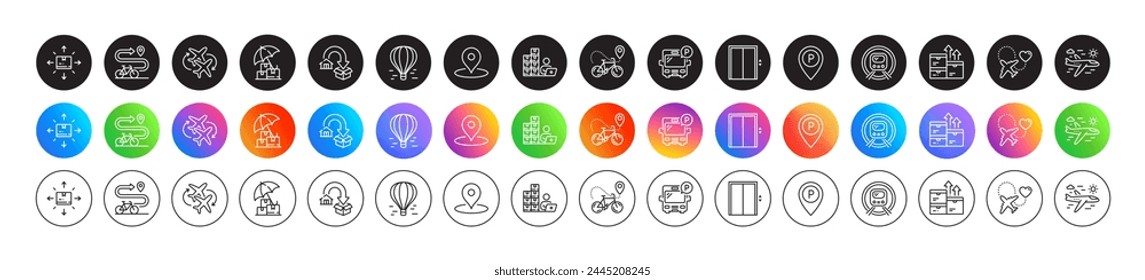 Inventory, Parking and Connecting flight line icons. Round icon gradient buttons. Pack of Honeymoon travel, Cardboard box, Bike path icon. Pin, Metro subway, Bus parking pictogram. Vector