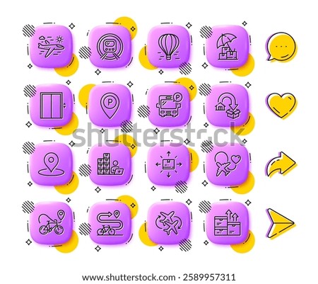 Inventory, Parking and Connecting flight line icons. App 3d buttons. Social media comment, share, like icons. Pack of Honeymoon travel, Cardboard box, Bike path icon. Vector