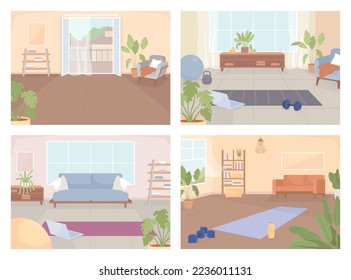 Inventory and place for home exercising flat color vector illustrations set. Active lifestyle and training. Fully editable 2D simple cartoon interiors pack with living rooms on background