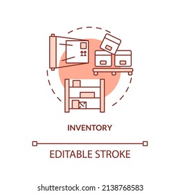 Inventory red concept icon. Goods in process and raw materials. Type of muda abstract idea thin line illustration. Isolated outline drawing. Editable stroke. Arial, Myriad Pro-Bold fonts used