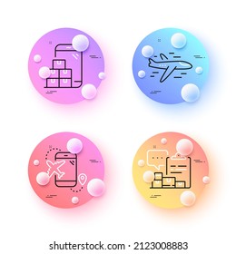 Inventory report, Airplane and Flight destination minimal line icons. 3d spheres or balls buttons. Mobile inventory icons. For web, application, printing. Vector