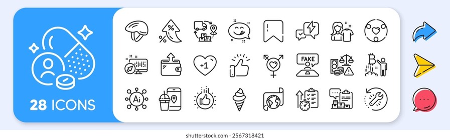 Inventory report, Ice cream and Translation service line icons. Interest rate, AI generate, Inflation icons. Pack of Bicycle helmet, Food app, Clean shirt icon. Vector