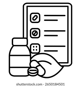 Ícone do robô de inventário representado pelo tablet, folha, estilo da linha do medicamento.