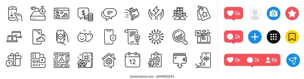 Inventory, Scroll down and Coins line icons pack. Social media icons. Wallet, Inventory cart, Smile web icon. Property agency, Maze attention, Question mark pictogram. Fingerprint, Safe energy. Vector