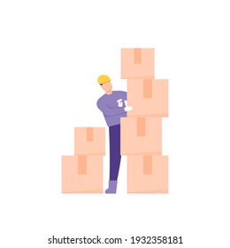 inventory staff, warehouse clerk, goods inventory supervisor. illustration of a male worker arranging or tidying cardboard boxes. flat style. vector design