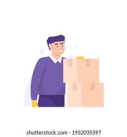 inventory staff, warehouse clerk, goods inventory supervisor. illustration of a male worker arranging or tidying cardboard boxes. flat style. vector design