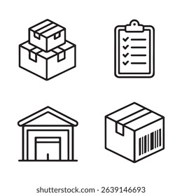 Inventory and Stock Management Icons Set. Simple Line Icons Representing Warehouse Operations

