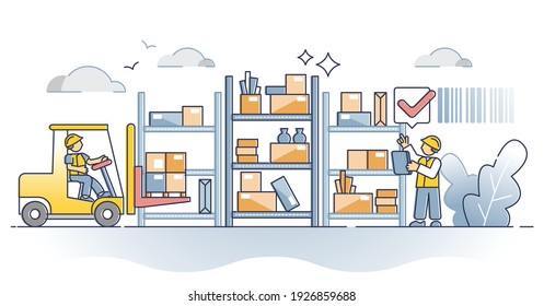 Inventory stock and warehouse shelves for product storage outline concept. Work with goods collecting for order fulfillment and distribution vector illustration. Storehouse box and packages logistics