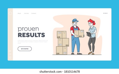Inventory, Storehouse Distribution Landing Page Template. Worker Character Bringing Goods in Carton Boxes to Warehouse. Post Office, Store Stock Production Control. Linear People Vector Illustration