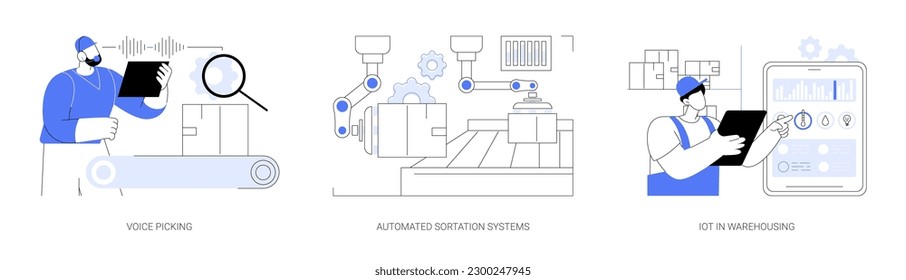 Conjunto de ilustraciones vectoriales de concepto abstracto de tecnologías de inventario. Selección de voz, aplicación de reconocimiento, sistemas de sortación automatizados, IoT en almacenamiento, automatización logística, metáfora abstracta de comercio exterior.