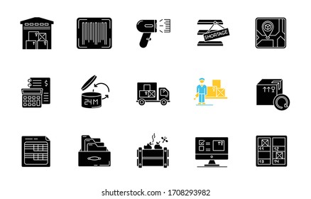 Inventory tracking black glyph icons set on white space. Warehousing, goods receipt and purchase returns. Financial accounting and inventory control. Silhouette symbols. Vector isolated illustration