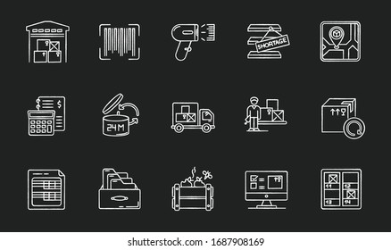 Inventory tracking chalk white icons set on black background. Warehousing, goods receipt and purchase returns. Financial accounting and inventory control. Isolated vector chalkboard illustrations