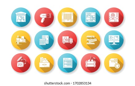 Inventory tracking flat design long shadow glyph icons set. Warehousing, goods receipt and purchase returns. Financial accounting and inventory control. Silhouette RGB color illustration