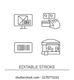 Inventory tracking line icons set. Checking and tracking cargo by barcode. Business concepts. Isolated vector illustrations. Editable stroke