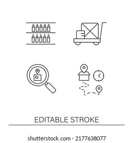 Juego de iconos de línea de seguimiento de inventario. Comprobación y seguimiento de la carga por código de barras. Conceptos empresariales. Ilustraciones vectoriales aisladas. Trazo editable