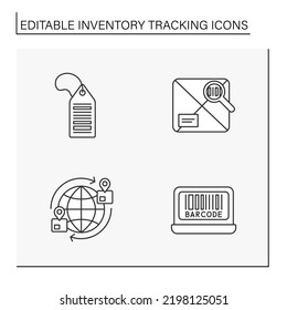 Inventory tracking line icons set. Checking and tracking cargo by barcode. Business concepts. Isolated vector illustrations. Editable stroke