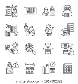 Inventory tracking management line icons set. Storage control. Transportation, storage and logistics service. Inventory tracking and control concept. Isolated vector illustrations. Editable stroke