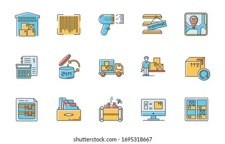 Inventory tracking RGB color icons set. Warehousing, goods receipt and purchase returns. Financial accounting and inventory control. Isolated vector illustrations