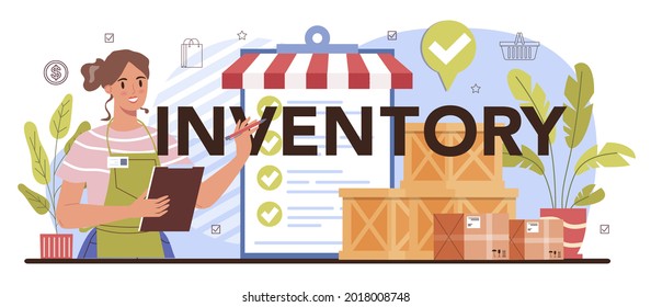 Inventory typographic header. Commercial activities, entrepreneur stocktaking goods on showcases. Warehouse security. Retailing process, store protection service. Flat vector illustration