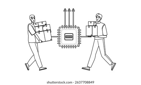 inventory vendor management vector. supplier customer, business system, manager distribution inventory vendor management character. people black line pencil drawing illustration