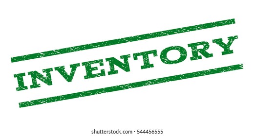 Inventory watermark stamp. Text tag between parallel lines with grunge design style. Rubber seal stamp with dust texture. Vector green color ink imprint on a white background.
