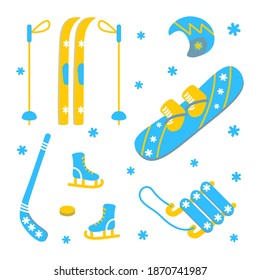 Inventory for winter sports and games - skis, ice skates, snowboard, sledges, hockey stick, puck, ski poles, helmet isolated on white - set of elements for active lifestyle and recreation design