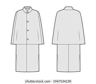 Inverness coat cape technical fashion illustration with long sleeves, round lapel collar, oversized body, midi length. Flat jacket template front, back, grey color style. Women, men, top CAD mockup