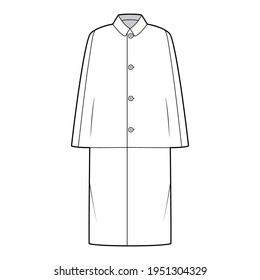 Inverness coat cape technical fashion illustration and long sleeves  round lapel collar  oversized body  midi length  Flat jacket template front  white color style  Women  men  unisex top CAD mockup