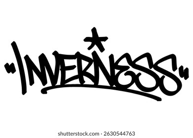 Inverness graffiti tag in bold black lettering on white background. Clean urban style, perfect for vibrant Scottish city culture, historic vibes, and creative street art projects.