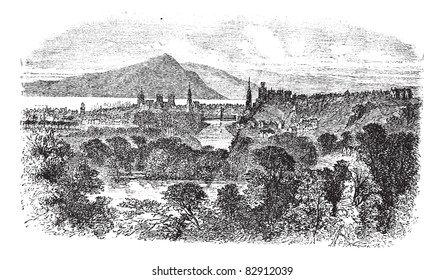 Inverness in Scotland, during the 1890s, vintage engraving. Old engraved illustration of Inverness with trees and river in front. Trousset encyclopedia (1886 - 1891).