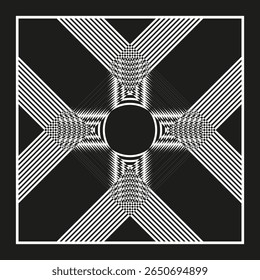Inverse cross icon. Square tunnel pattern. Radiant arms Vector. Central portal emblem.