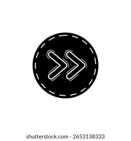 Ilustração vetorial inversa de um ícone de botão avançado ou próximo.Símbolo de seta dupla de estilo de esboço preto sólido com uma borda tracejada.