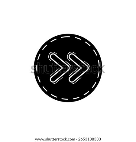 Inverse vector illustration of a hand-drawn fast forward or next button icon.Solid black sketch style double arrow symbol with a dashed border.